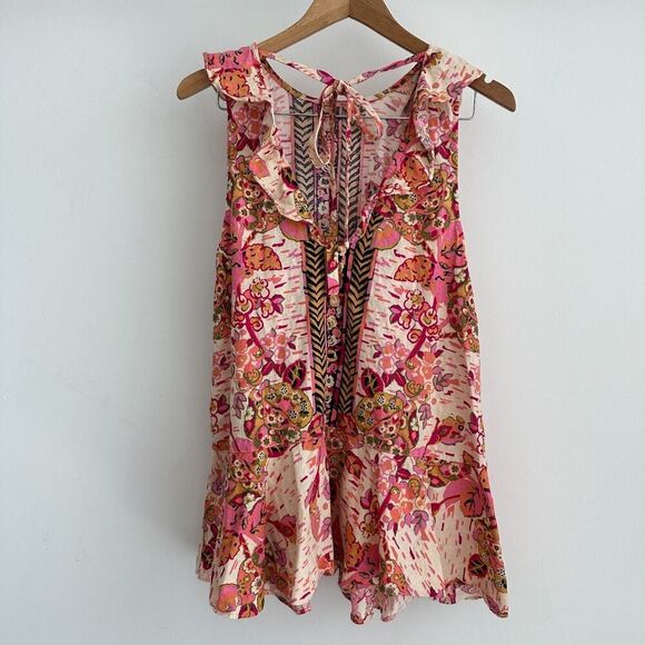 Free People Tunic Small Tulum Floral Boho Linen Blend Flowy Flounce Top Festival - Picture 6 of 12